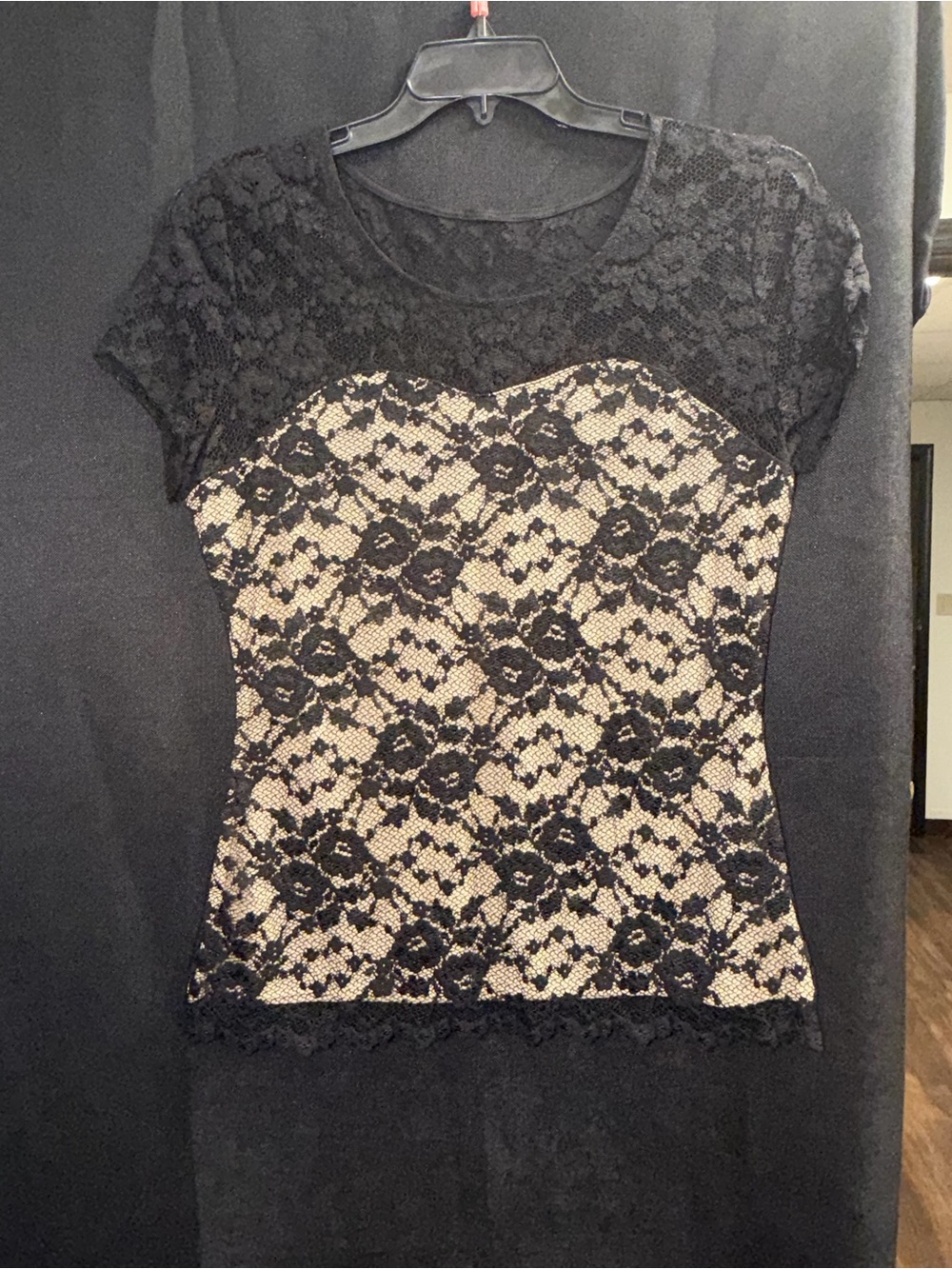 Black Lace Overlay Cap Sleeve Top with Nude Lining